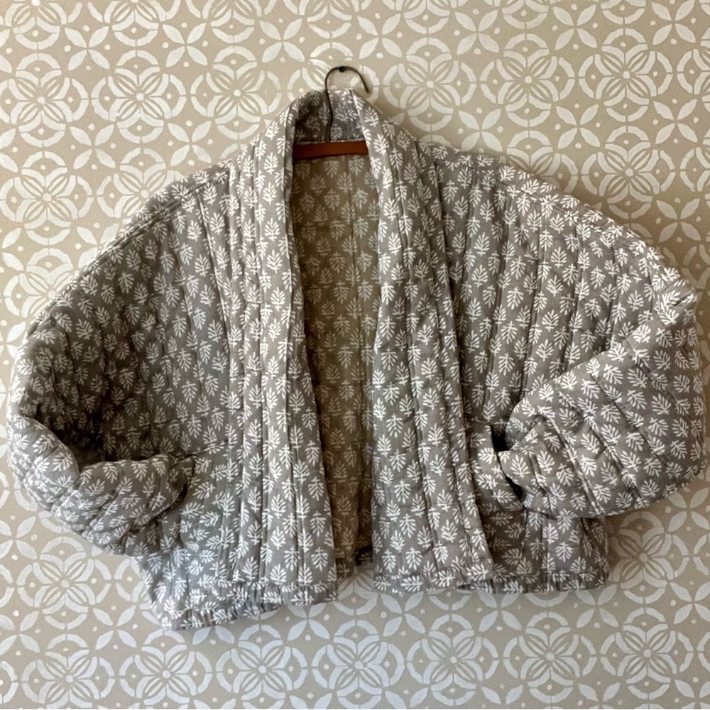 Handmade Women’s Gray Quilted Jacket with Block Print